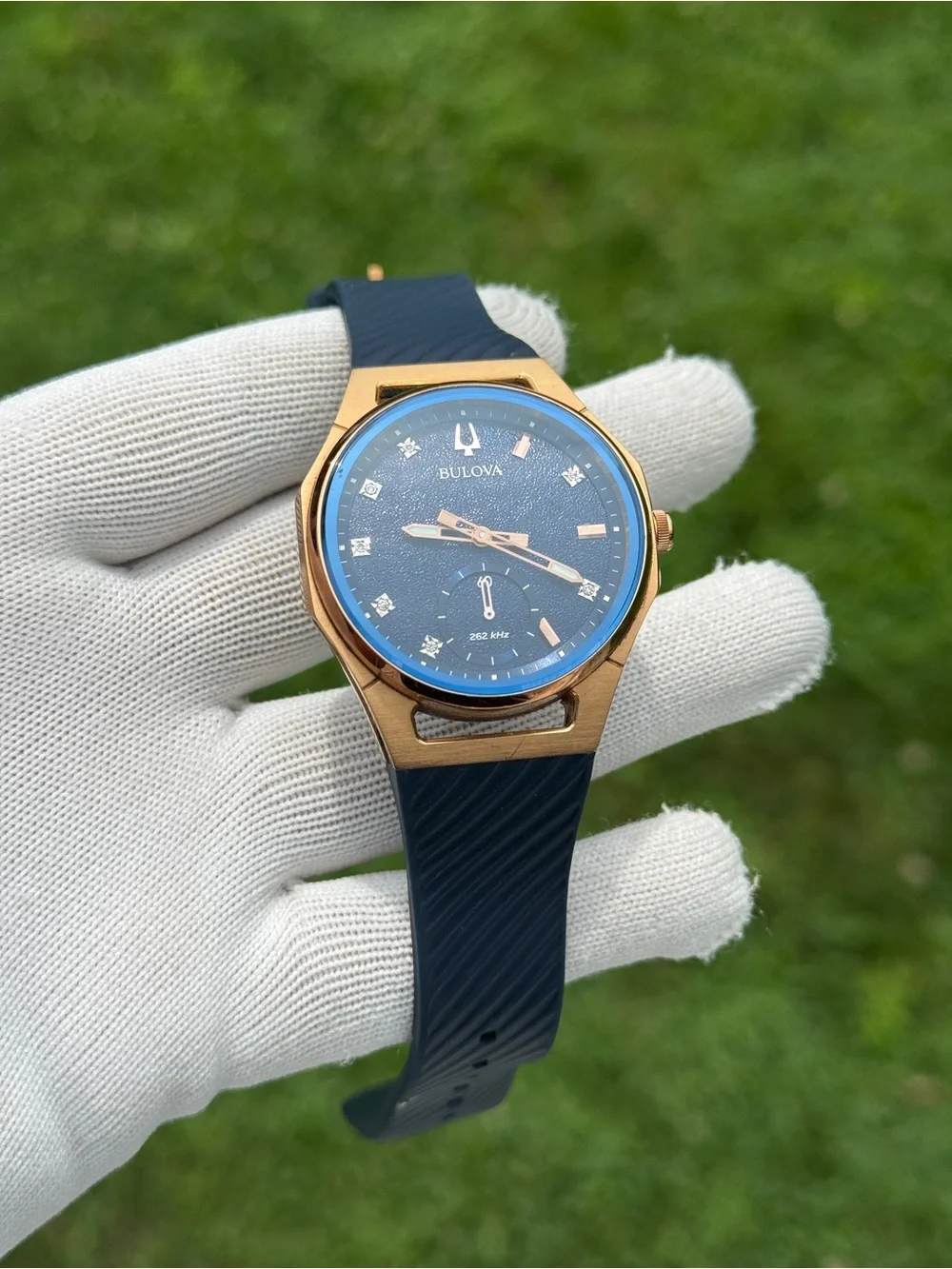 Bulova CURV Marc Anthony Diamond Blue Dial Blue Rubber Strap Watch 40.6mm unisex